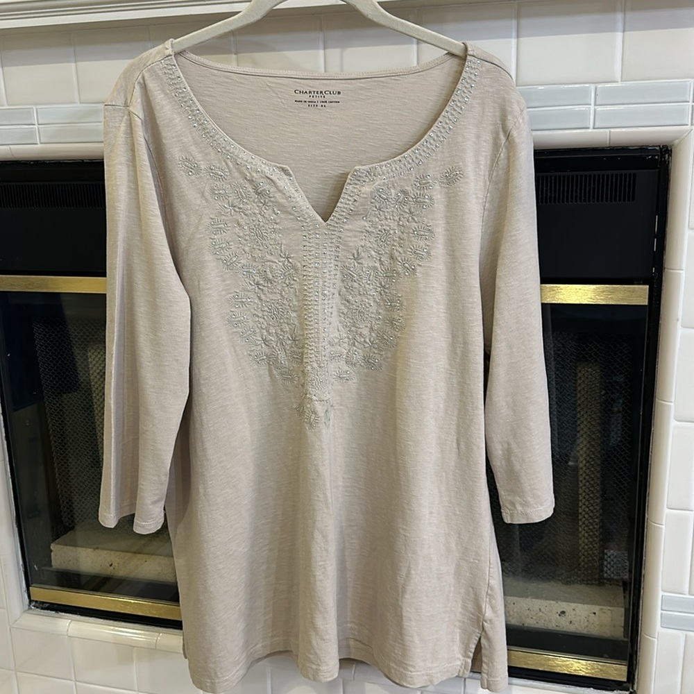 Charter Club Petite X-Large Tan Embellished T-Shirt fabric long top